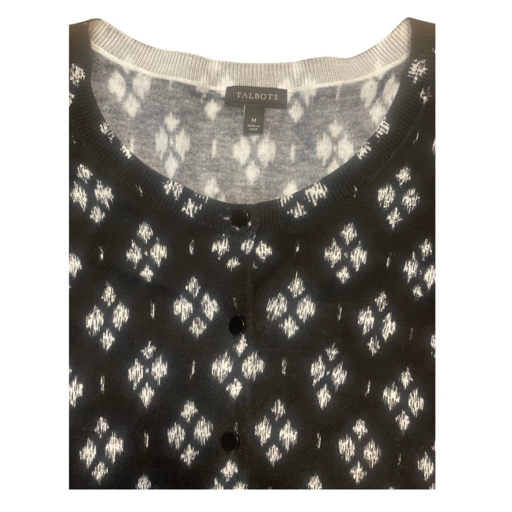 Talbots Womens Black White Diamond Pattern Knit Cardigan Sweater M - Picture 3 of 5